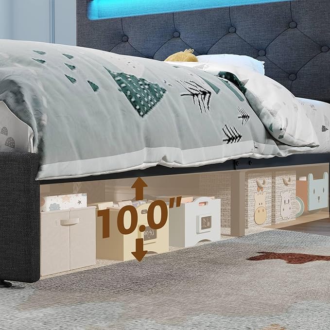 Rolanstar Twin Bed Frame with Charging Station, LED Bed with Under Bed Storage, Adjustable Headboard 38.9/40.8 Inches, No Box Spring Needed, Noise Free, Easy Assembly, Grey