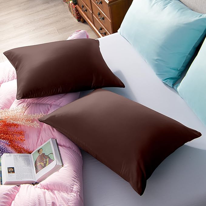 NTBAY Zippered Satin Pillow Cases for Hair and Skin, Luxury Standard Hidden Zipper Pillowcases Set of 2, 20x26 Inches, Dark Brown