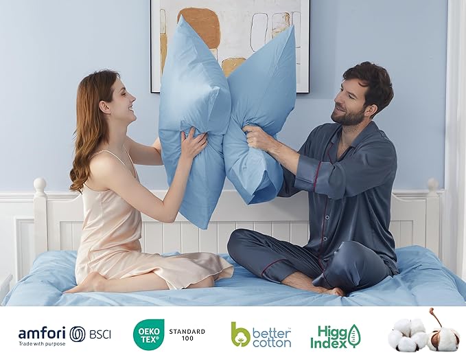 Pillow Cases, King Size Cotton Percale Weave Pillowcases, Pre-Shrunk Breathable and Hypoallergenic Pillowcases, Set of 2 (2 Piece King 20 Inch x 40 Inch, Light Blue)