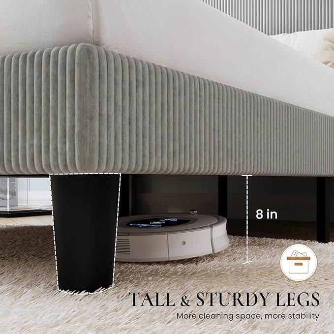 SHA CERLIN Queen Size Corduroy Upholstered Platform Bed Frame with Vertical Channel Tufted Wingback Headboard, 8" Under Bed Storage, Wooden Slats & Metal Frame Support, Easy Assembly, Light Grey