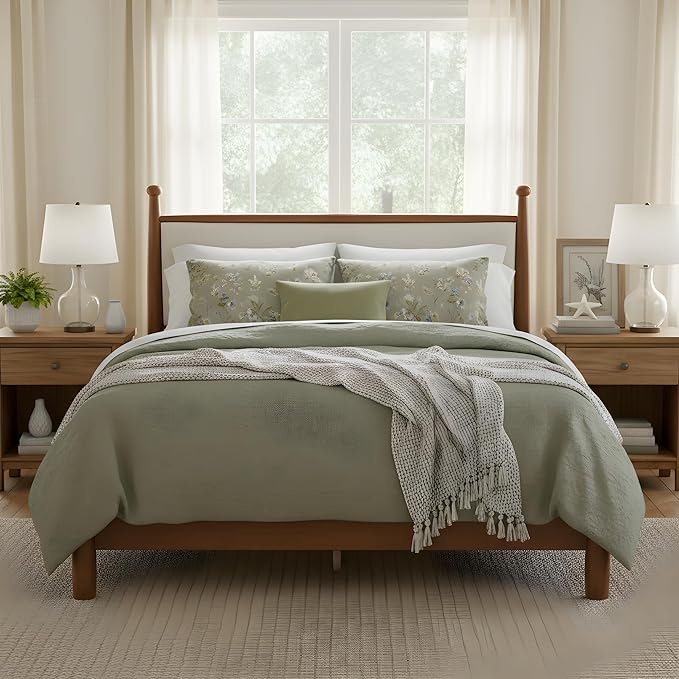Merax Modern Queen Size Solid Wood Platform Bed with Upholstered Headboard, Mid-Century Low Bed Frame with Sturdy Wood Legs/No Box Spring Needed/Easy Assembly, Beige+Walnut