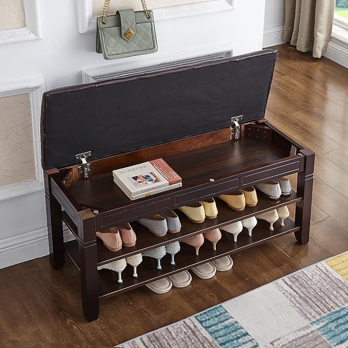 Shoe Storage Bench with Cushion, Entry Bench with Storage Solid Wood Shoe Bench Ideal for Entryway Living Room and Corridor (Brown 39.4'')