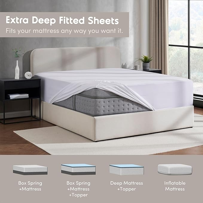 Nestl 4 Pack White Fitted Sheet Extra Deep Pocket, Hotel Luxury QueenFitted Sheet Only Easily Fits 18 to 24 Inch Mattress, Super Soft, Wrinkle-Free and Breathable with Corner Straps