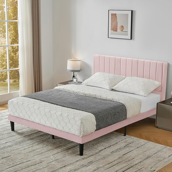 Queen Bed Frame Upholstered Platform,Queen Size Bed Frame with Velvet Headboard,Non-Slip and Noise-Free/Wooden Slats Support/No Box Spring Needed/Easy Assembly/Mattress Foundation (Pink, Queen)