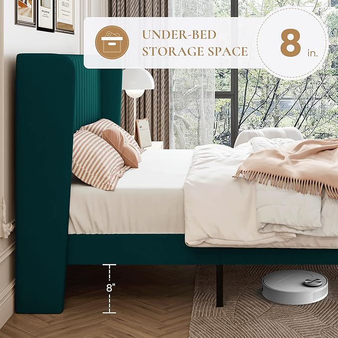 SHA CERLIN King Size Velvet Bed Frame with Vertical Channel Tufted Wingback Headboard, Upholstered Platform Bed with Wood Slats, No Box Spring Needed, Easy Assembly, Teal