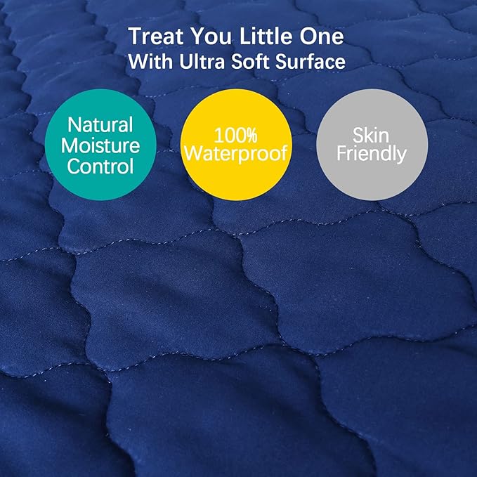 Crib Mattress Protector Sheets Fitted Waterproof Crib Mattress Pad Cover, Noiseless & Machine Wash 100% Absorbent Crib/Toddler Mattress Protector Sheet Quilted, Navy, 52" x 28"