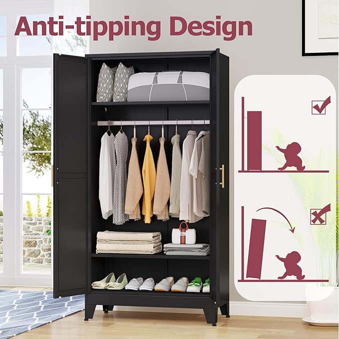 GAIOUS Metal Wardrobe Cabinet with Hanging Rod, 71" Metal Clothing Storage Cabinets with 2 Doors and Adjustable Shelves, Black Armoire Wardrobe Closet for Bedroom, Laundry Room, Cloak Room
