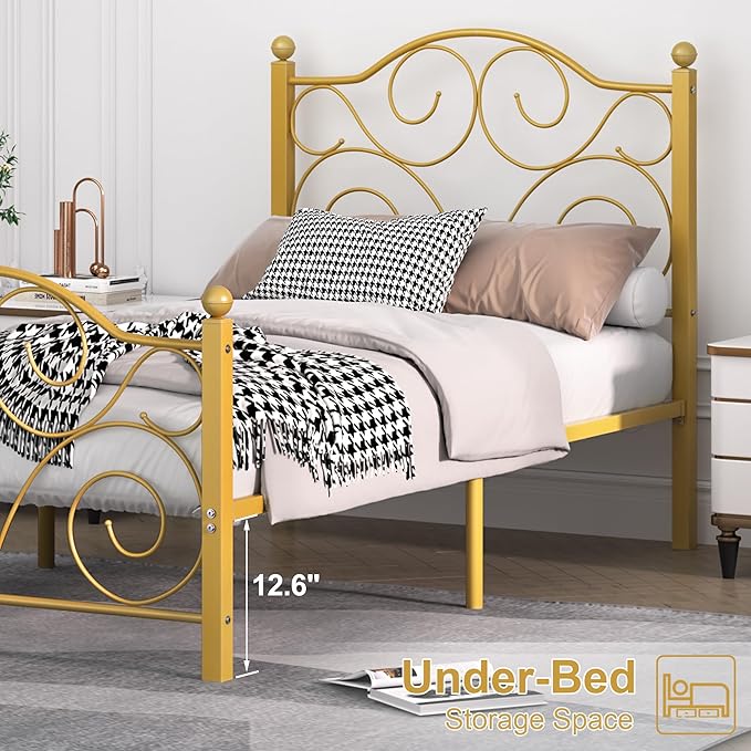 VECELO Twin Size Bed Frame with Headboard and Footboard, Heavy Duty Metal Slat Support, Platform Mattress Foundation, No Box Spring Needed, Easy Assembly, Gold