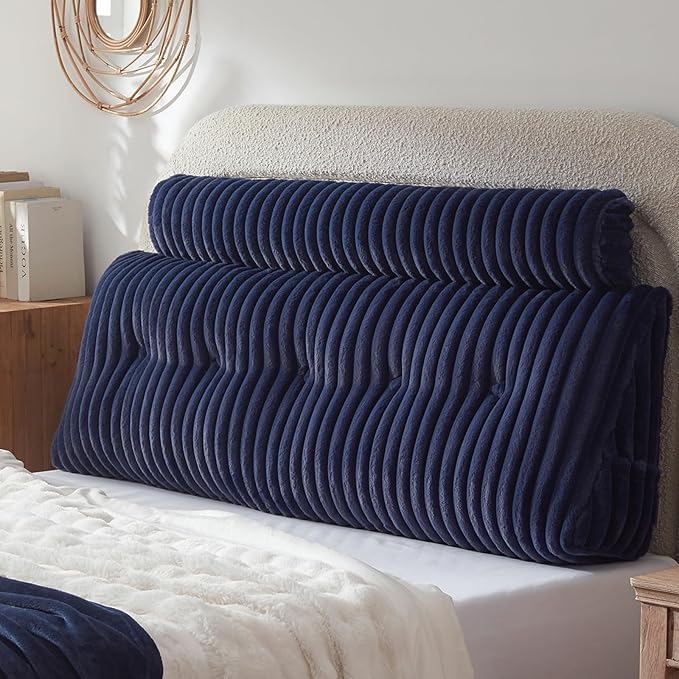 Headboard Pillow + A Long Neck Roll Pillow Body Pillow，Faux Fur Headboard Wedge Pillow with Removable Cover (Blue, Full：54x8x20 inches)
