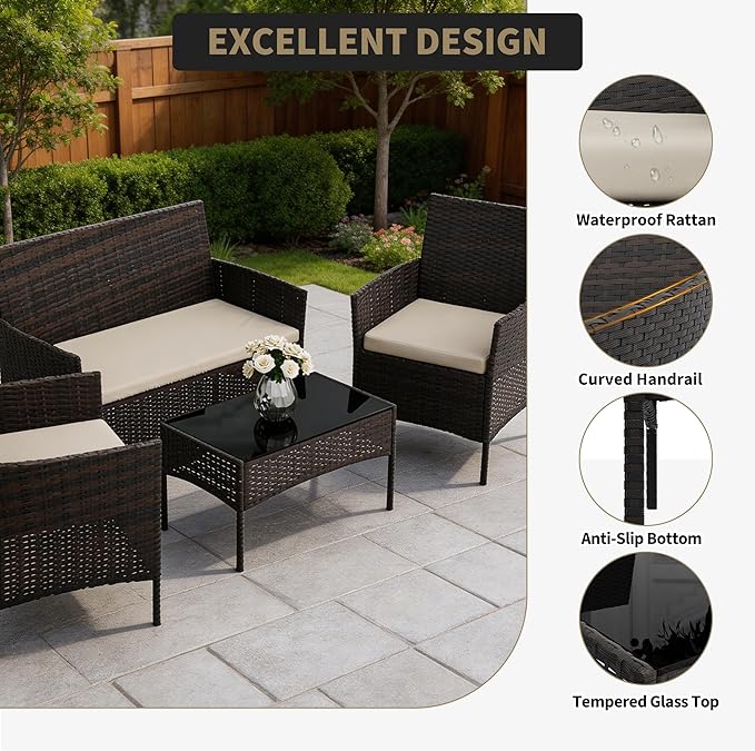 4-Piece Patio Furniture Set, Outdoor Wicker Conversation Set with Tempered Glass Coffee Table, Heavy Duty PE Rattan Sectional Sofa & Washable Cushions for Backyard, Deck, Poolside (Black Rattan/Beige)