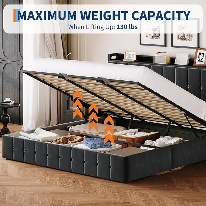 Garvee King Size Lift Up Storage Bed, Upholstered Velvet Bed Frame with Storage Headboard, Metal Platform Bed, No Box Spring Needed, Noise Free, Black