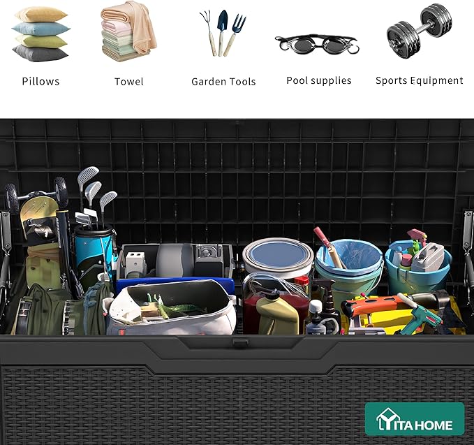 YITAHOME 80 Gallon Outdoor Storage Box, Large Water Resistant Resin Deck Box, Indoor Outdoor Lockable Rattan Storage Container for Patio, Garden, Cushions, Tools, Equipment (Black)