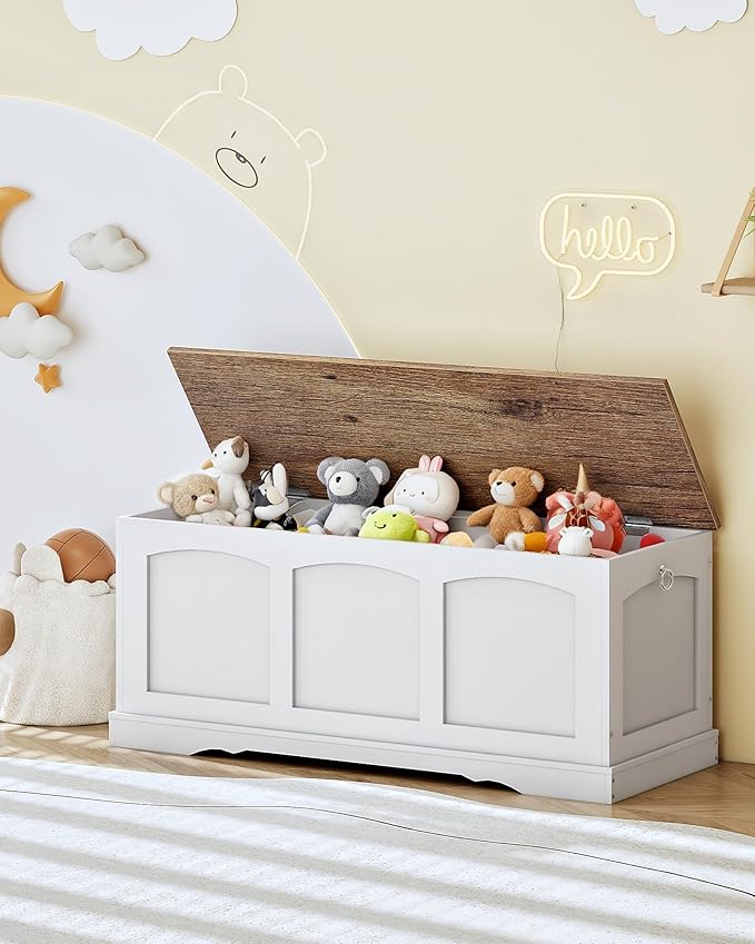 CHOEZON 39.4" Storage Chest Bench with Lift Lid, Toy Chest with Safety Hinge, Entryway Shoe Bench, Wooden Storage Trunk, Holds up to 220 lb, for Living Room, Bedroom, Hall, White and Walnut MCW12WL