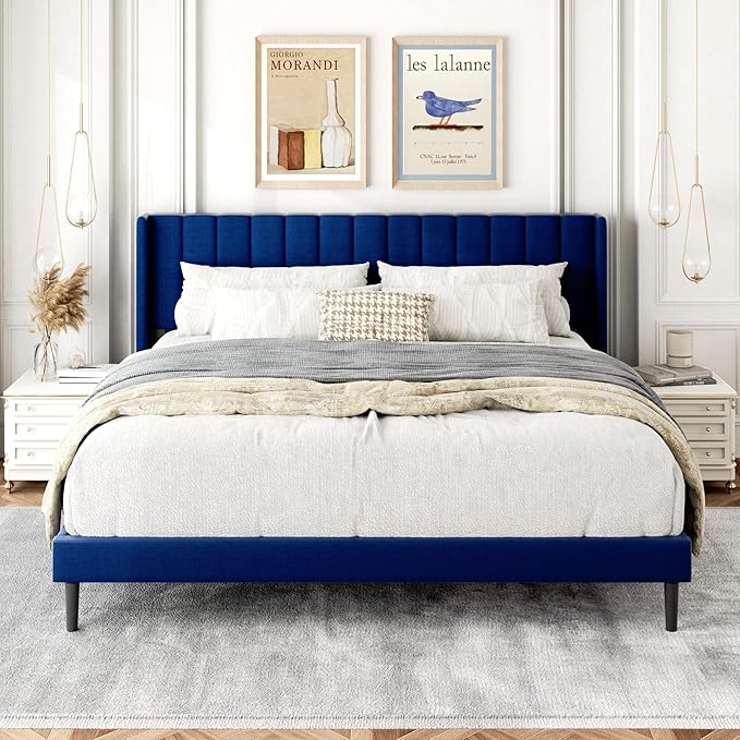 Gruwans King Size Bed Frame with Upholstered Wingback Headboard, Easy Assemnly Platform Bed, Wooden Slat Support No Box Spring Needed, Navy Blue