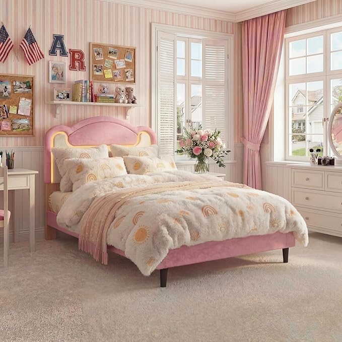 Garvee Twin Size Upholstered Bed Frame with LED Lights & Fabric Headboard, Princess Platform Bed for Girls with Wood Slats, No Box Spring Needed (Pink White)