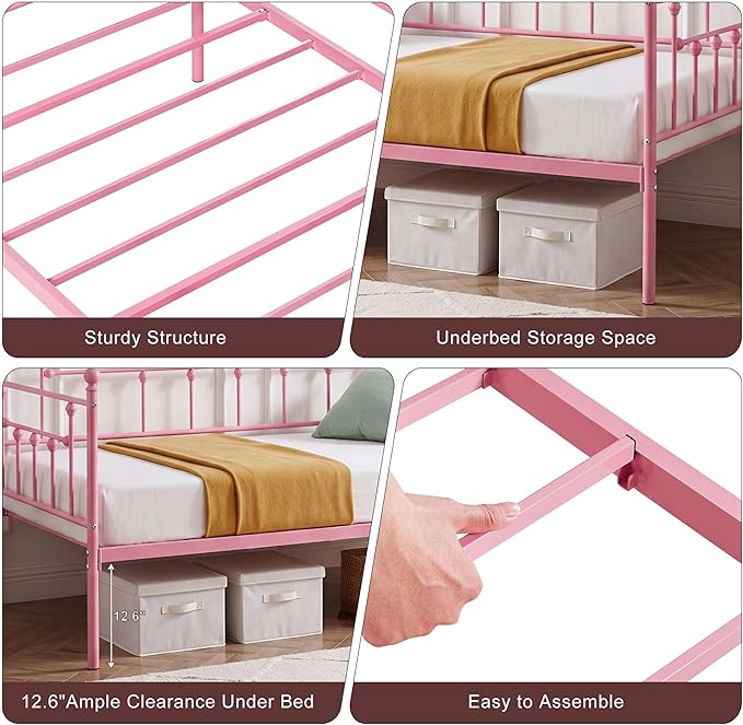VECELO Daybed Frame, Twin Size Metal Platform Bed with Headboard,Heavy Duty Steel Slats Support for Living Room Bedroom Guest Room, Easy Assembly