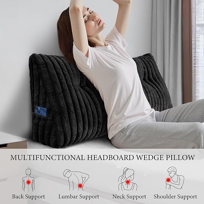 Headboard Pillow Full, Triangular Wedge Pillow Headboard Full, Cushion Headboards Reading Pillows, Backrest Pillows for Sitting in Bed or Working with Removable Cover, Black