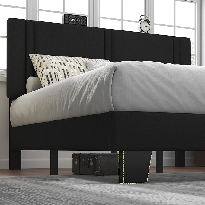 Feonase Full Size Platform Bed Frame, Fabric Upholstered Full Bed Frame, Solid Wood Slats & Heavy Duty Feet Support, No Box Spring Needed, Noise-Free, Easy Assembly, Black