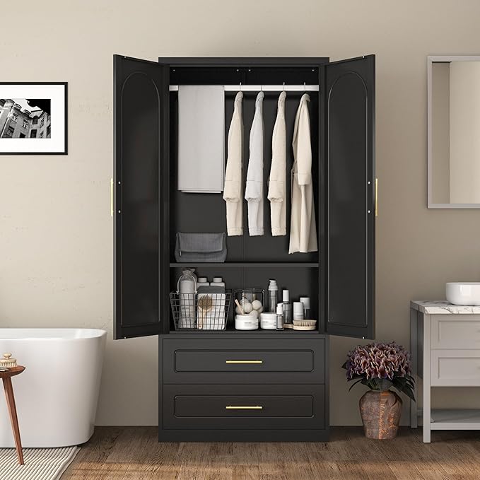 Metal Wardrobe Cabinets with Drawers,Black Armoire Wardrobe Closet with Hanging Rod,Clothes Storage Cabinet with Adjustable Shelves and Doors,Clothing Cabinet for Bedroom, Office, Laundry Room