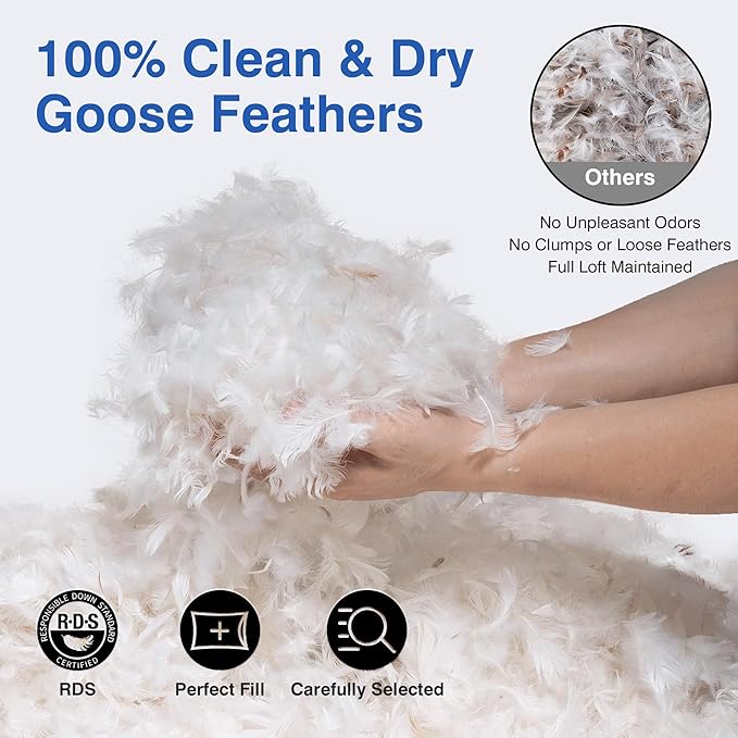 Goose Feather Pillow Queen Size Set of 2 - Soft and Firm Two Sides Optional, Down Hotel Bed Pillows for Sleeping, Fluffy Support Surround Fill Polyester for Back, Stomach, Side Sleepers