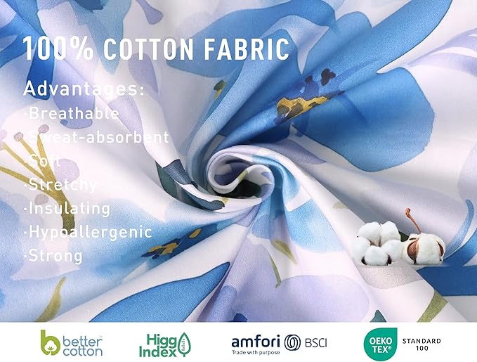 Sunflower Queen Pillowcases Set of 2, 100% Cotton Queen Size Pillow Cases 2, 20×30 inches Blue Bloom, Soft and Breathable