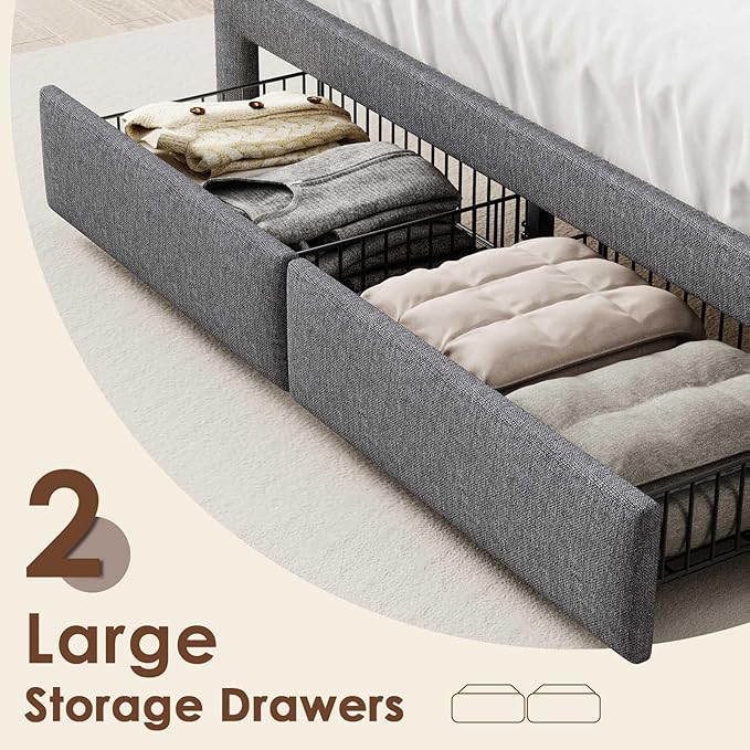 Driftalia LED Full Size Bed Frame with 2 Storage Drawers, Upholstered Full Bed Frame with Headboard and Charging Station, No Box Spring Needed, Easy to Assembly-Light Grey
