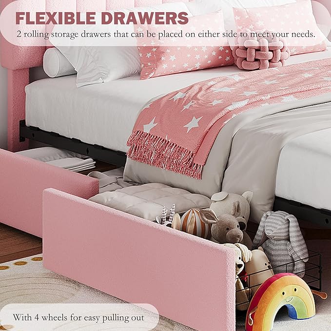 Garvee Full Size Bed Frame with 2 Flexible Drawers, Boucle Upholstered Platform Bed Frame with Bookcase Headboard, Bedframe for Kids/Girls, Easy Assembly, No Box Spring Needed, Noise Free, Pink