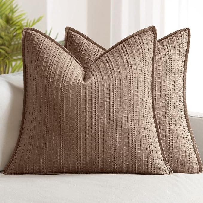 Set of 2 Decorative 100% Cotton Waffle Euro Sham Pillow Covers 26x26, Neutral Throw Pillows Weave European Cushion Cases for Couch Sofa Bed Modern Farmhouse Home Decor, Brown