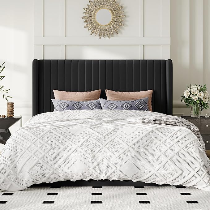 Allewie Full Size Lift Up Storage Bed Frame, Hydraulic Support System, Upholstered Platform Bed Frame, Underneath Storage, Vertical Channel Tufted Headboard with Wingback, No Box Spring Needed, Black