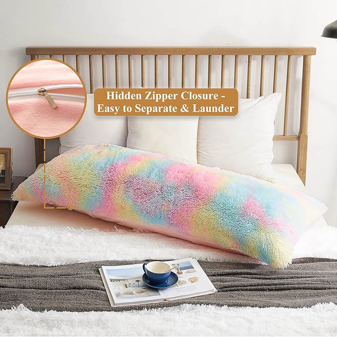 XeGe Rainbow Shaggy Faux Fur Body Pillow Cover, Tie Dye Fluffy Bed Pillow Case with Zipper, Soft Decorative Plush Long Pillow Sham, Fuzzy Hug Pillow for Kids Children Girls Women 20"x54" Rainbow
