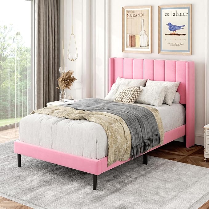 Gruwans Twin Size Bed Frames with Wingback Headboard Easy Assemnly Platform Bedframe, Sturdy Wooden Slat Support No Box Spring Needed, Pink Velvet
