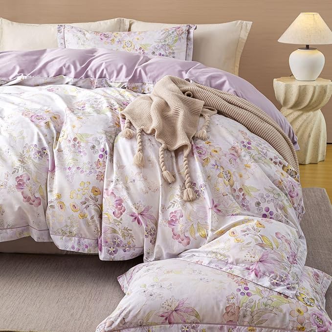 OAITE Duvet Cover Set King Size Floral Pattern Ultra Soft 100% Cotton Duvet Cover Sets 3-PC, Breathable Duvet Cover with Zipper Closure & Corner Ties(2 Pillow Shams,1 Duvet Cover)