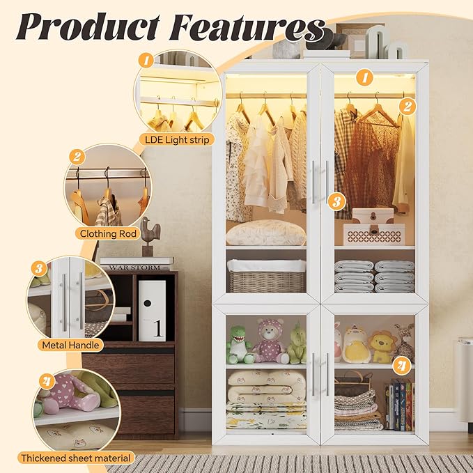 PAKASEPT Armoire Wardrobe Closet Door, Bedroom Closet Wardrobe Cabinet with Hanging Rod, Lighted Freestanding Armoire Storage Cabinet for Bedroom Cloakroom White (White&Full Glass Door)
