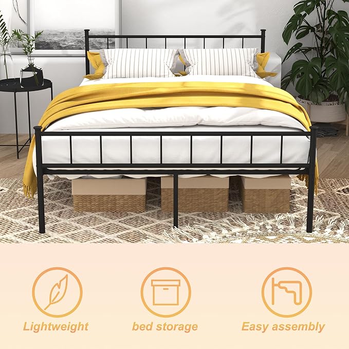 Queen Metal Platform Bed Frame, Victorian Vintage Style, Wrought Iron Headboard, Steel Slats, No Box Spring Needed (Black, Full)