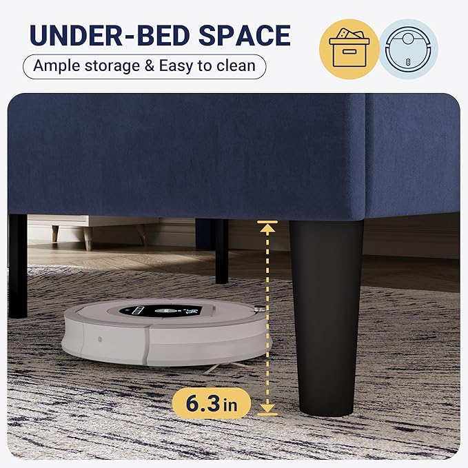Allewie Full Size Bed Frame with Adjustable Velvet Upholstered Headboard, Rivet-Style Nailhead Trim Detail Platform Bed Frame, Wooden Slat Support, No Box Spring Needed, Easy Assembly, Blue