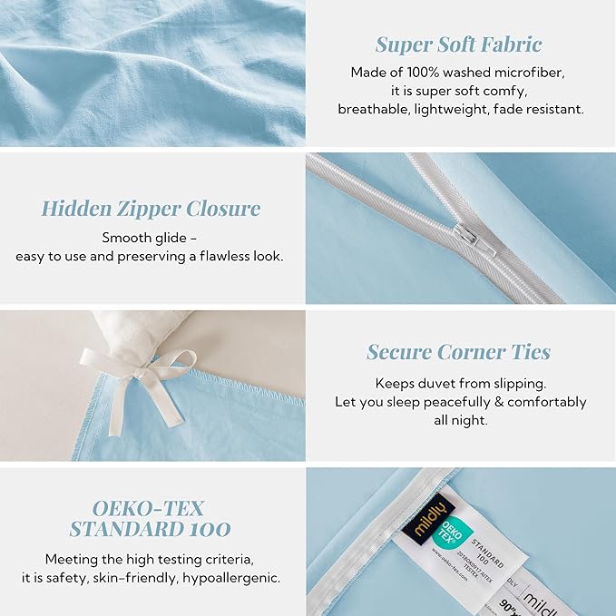 MILDLY Super Soft Duvet Cover 2pcs - 100% Washed Microfiber Cool Blue Twin/Twin XL Comforter Cover Set with Zipper Closure & Corner Ties (No Comforter)