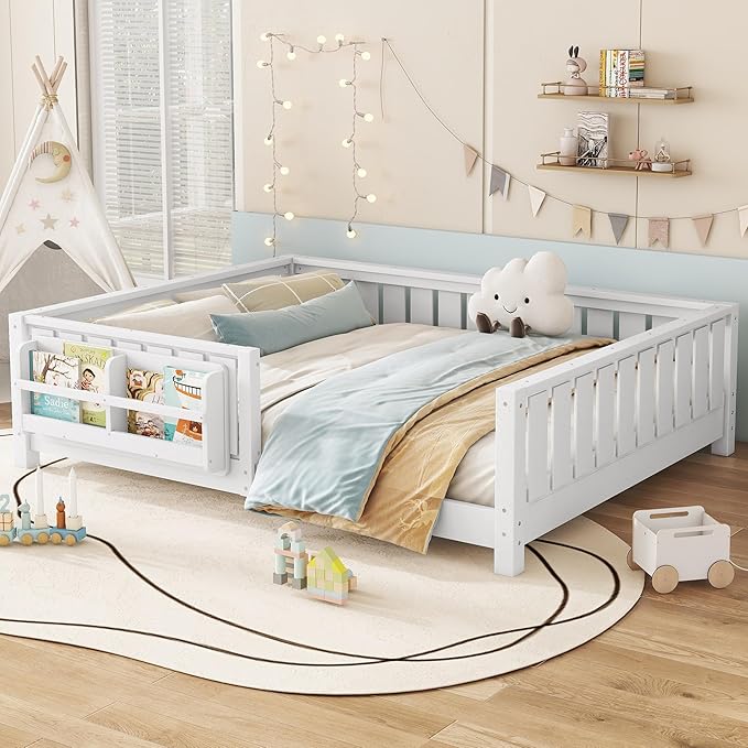 Bellemave Full Size Kids Montessori Bed with Bookshelf,Solid Wood Full Floor Bed Frame with Fence and Slats for Girls Boys,Low-Profile,White