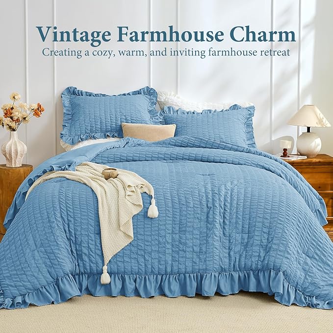 JOLLYVOGUE Queen Comforter Set, 3 Pieces Sea Blue Seersucker Comforters Queen Size, Lightweight & Fluffy Bedding Sets for All Season with 1 Ruffle Comforter and 2 Ruffle Pillowshams
