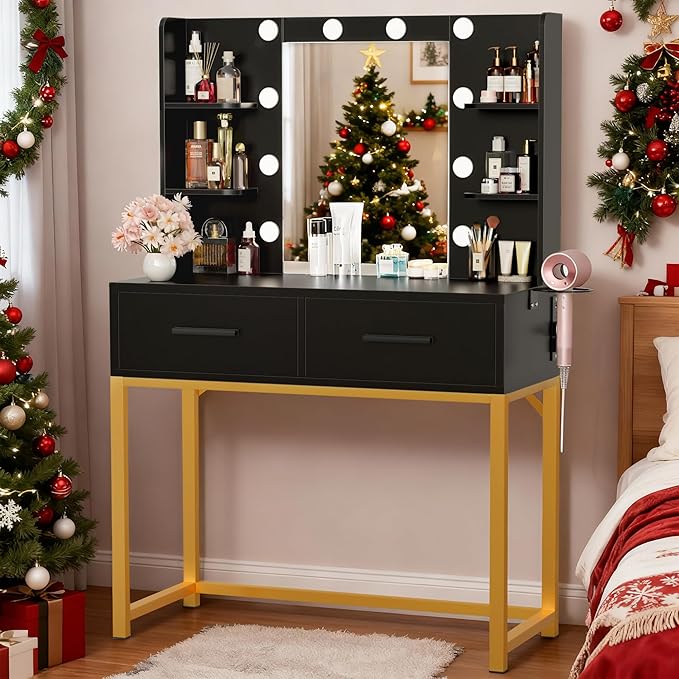 YESHOMY Vanity Desk with Mirror, Makeup Table with 2 Large Drawers, Power Outlet and Round Holder, 3 Color Modes Adjustable Bulb, Black & Gold Frame