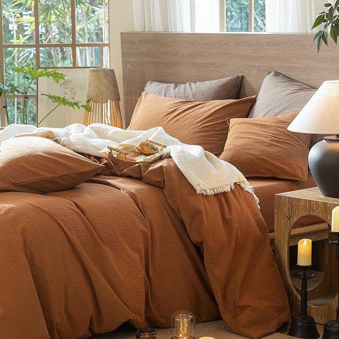 MooMee Wavy Striped Duvet Cover Set 100% Washed Cotton Linen Like Textured Breathable Durable Soft Comfy (Dark Orange, Oversized Queen 98"x98")