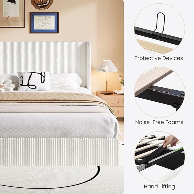 SHA CERLIN King Size Lift Up Storage Bed Frame, Modern Upholstered Wingback Headboard, Hydraulic Support & Underneath Storage, Soft Corduroy Fabric Platform Bed, No Box Spring Needed, White