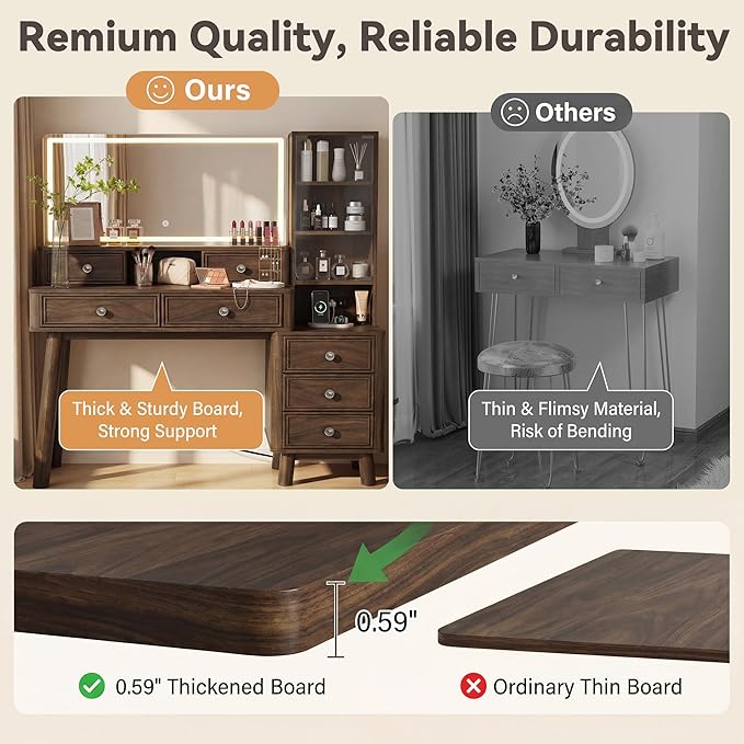 Furmax 48" Makeup Vanity Desk with Large Mirror and Lights,Big Wood Vanity Table with 5 Drawers＆Glass Storage Cabinet with Adjustable Shelves,Dressing Table with Charging Station for Bedroom (Walnut)