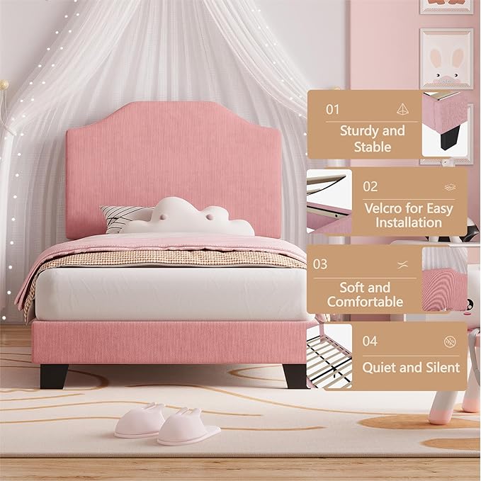 Twin Bed Frames, Corduroy Upholstered Twin Bed Frame with Cute Adjustable Headboard, Fabric with Strong Wooden Slats Support, No Box Spring Needed, Easy Assembly, Pink