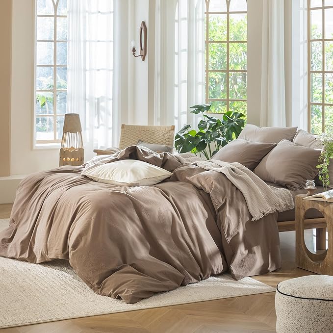 MooMee Bedding Duvet Cover Set 100% Washed Cotton Linen Like Textured Breathable Durable Soft Comfy (Solid Brown, Super King 108"x98")