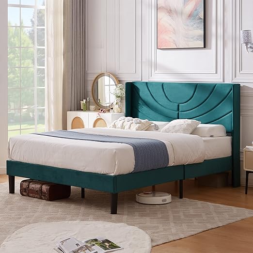 VECELO Full Bed Frame Upholstered Platform with Fabric Headboard,Wooden Slats Support/No Box Spring Needed/Mattress Foundation,Dark Green