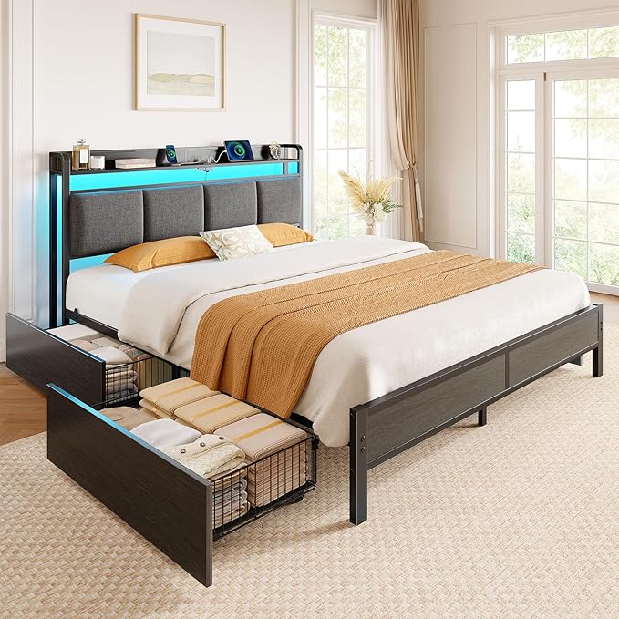 Rolanstar Bed Frame Full Size with Charging Station and LED Lights, Upholstered Storage Headboard with Drawers, Heavy Duty Metal Slats, No Box Spring Needed, Noise Free, Easy Assembly, Dark Grey
