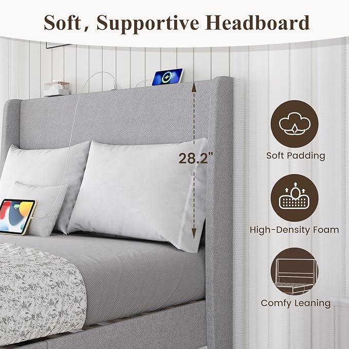 MALOL Full Size Bed Frame with Upholstered Headboard, Linen Fabric Platform Bed Frame with USB Charging Ports, No Box Spring Needed, Sturdy Metal Support, Noise Free, Modern Bedroom Furniture,Grey