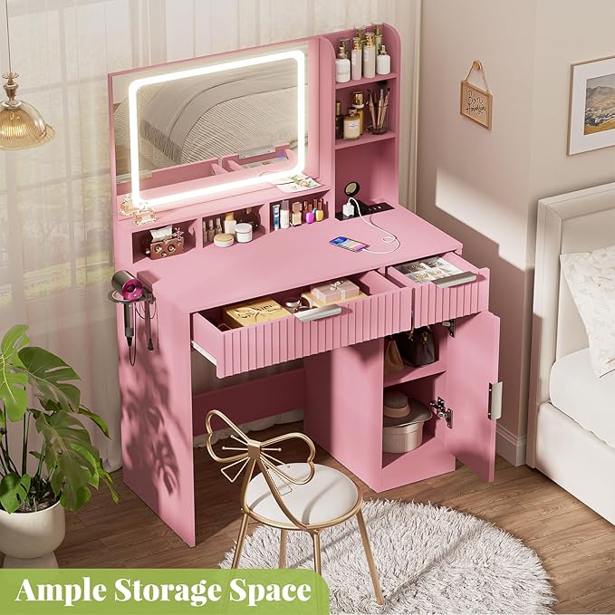 Cyclysio Fluted Vanity Desk with Mirror and Lights, Wood Makeup Vanity Desk with Power Strips, Modern Dressing Table with Drawers & Cabinet for Bedroom, Pink