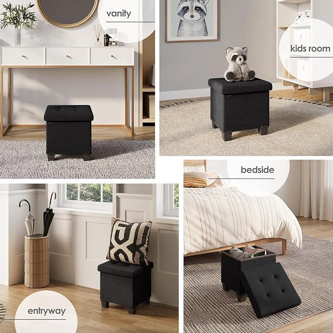 Storage Ottoman Cube with Small Bin, 15-in Square Ottoman with Storage for Living Room and Bedroom, Small Ottomans Foot Rest, Fabric Foot Stools Ottomans Max 330lbs, Black