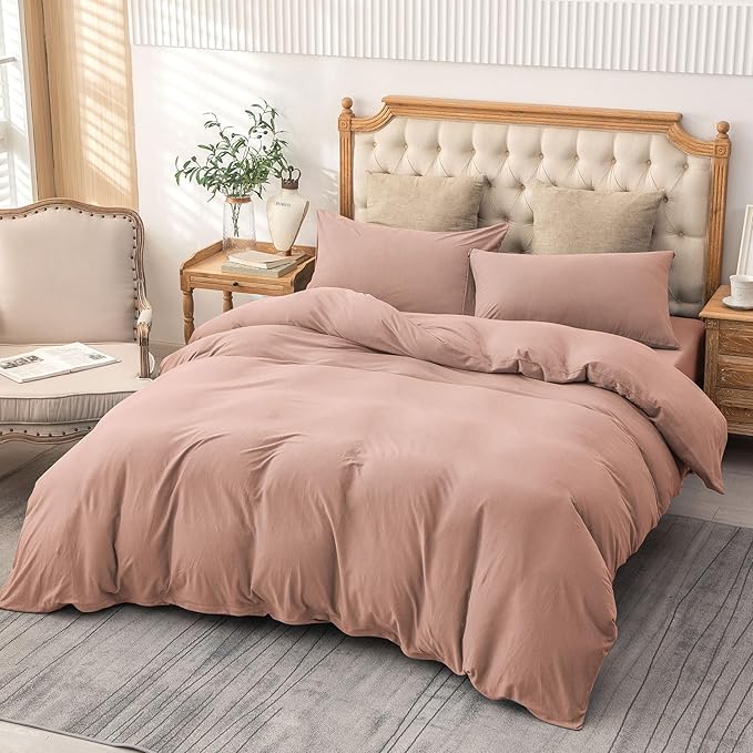 PURE ERA Jersey Knit Duvet Cover Set 100% T-Shirt Cotton Super Soft Comfy 3pc Bedding Set with Zipper Closure (New Petal Pink, Cal King)